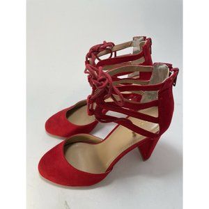 Express Women’s Red Dress Shoes Chunky Heels Preowned Make A Statement Size 8